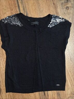 Guess Charcoal Short Sleeve Sweater with Silver Sequined Shoulders